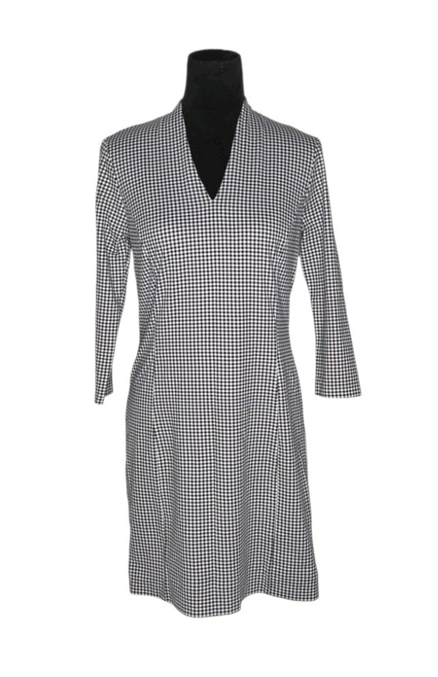 J.McLaughlin Ivana Gingham Black White V Neck Slim Fit Shift Dress Sz M Preppy